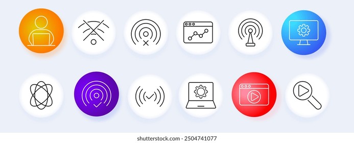Technology communication set icon. Laptop, Wi-Fi, signal, browser, network, computer, online, analytics, radio, website, data, digital, broadcasting, connection.