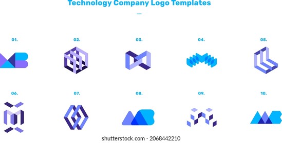 Plantillas de conjunto de logotipos vectoriales de la compañía de tecnología con paleta de color azul, infinito, isométrico, superpuesto, hexágono, letra M B, geométrica, geometría, infinito, intersección