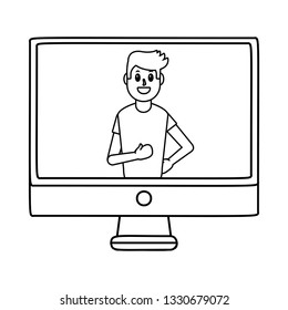 technology computer cartoon in black and white