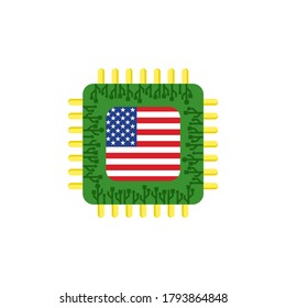 Chip de computadora de tecnología y bandera estadounidense en fondo blanco