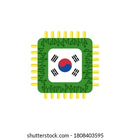 Chip de computadora de tecnología y bandera de corea del sur sobre fondo blanco