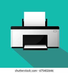 Technology and computer concept - printer vector illustration isolated on green background and copyspace