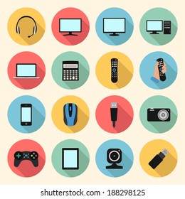 technology, computer, electronic device, tv and media web colorful flat design icons set. template elements for web and mobile applications