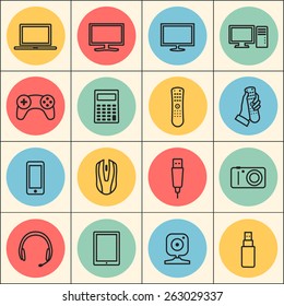 technology, computer, electronic device, tv and media web linear icons set. template elements for web and mobile applications