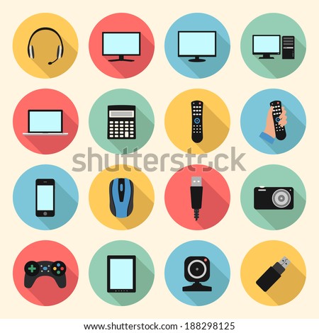 technology, computer, electronic device, tv and media web colorful flat design icons set. template elements for web and mobile applications
