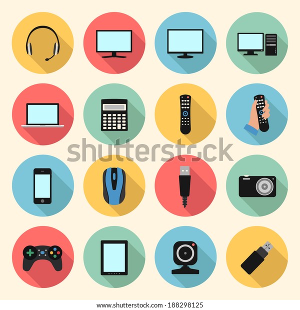 technology, computer, electronic device, tv\
and media web colorful flat design icons set. template elements for\
web and mobile\
applications