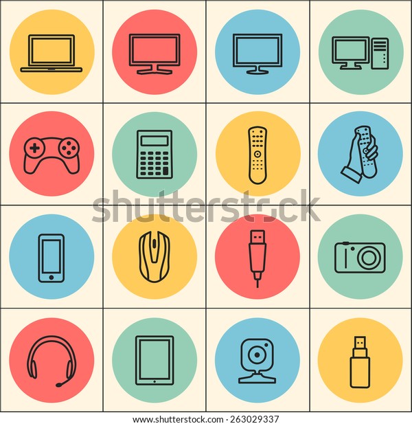 technology, computer, electronic device, tv\
and media web linear icons set. template elements for web and\
mobile\
applications