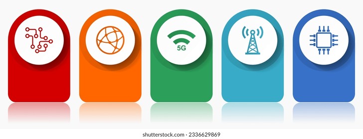 Technology and computer icon set, miscellaneous vector icons such as chip, globe, 5g, antenna and computer, modern design infographic template, web buttons in 5 color options