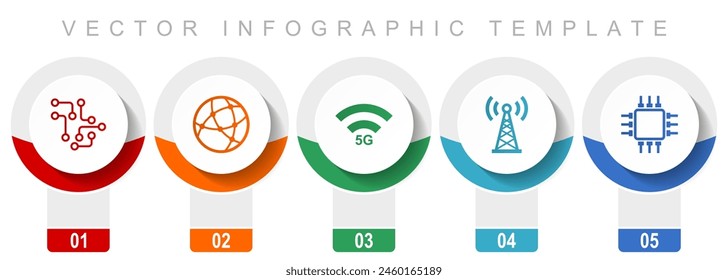 Technology and computer icon set, miscellaneous vector icons such as chip, globe, 5g, antenna and computer, modern design infographic template, web buttons in 5 color options