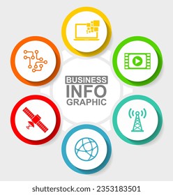 Technology and computer infographic template, icon set, miscellaneous vector icons such as chip, global network, antenna, satellite, computer and multimedia player