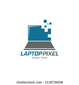 Technology computer laptop logo design emblem template. Modern pixel system information vector illustration on white background