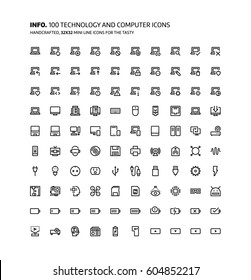Technology and computers mini line, illustrations, icons, backgrounds and graphics. The icons pack is black and white, flat, vector, pixel perfect, minimal, suitable for web and print.