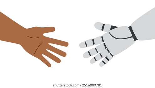 Technology concept. AI concept. Robots and human hands greeting each other isolated on white background. The concept of human-artificial intelligence interaction.