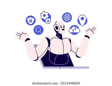 Conceito tecnológico, serviços de IA. Assistente de robô digital, bot multifuncional que fornece ajuda automatizada com informações, suporte on-line inteligente. Ilustração de vetor plano isolada no plano de fundo branco