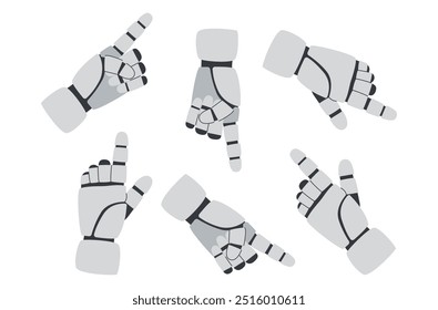 Technology concept. AI concept. Set of robots hands gestures with pointing finger isolated on white background.