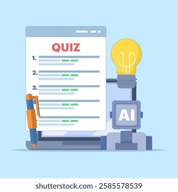 technology concept to answer questions. answering questions with the help of AI or artificial intelligence. illustration of asking a robot for help to answer a quiz. flat style design.