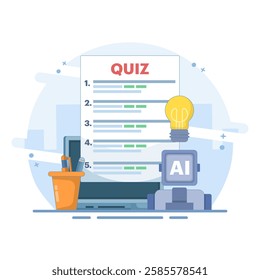 technology concept to answer questions. answering questions with the help of AI or artificial intelligence. illustration of asking a robot for help to answer a quiz. flat style design.