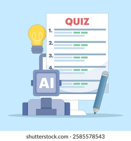 technology concept to answer questions. answering questions with the help of AI or artificial intelligence. illustration of asking a robot for help to answer a quiz. flat style design.