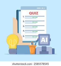 technology concept to answer questions. answering questions with the help of AI or artificial intelligence. illustration of asking a robot for help to answer a quiz. flat style design.