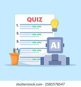 technology concept to answer questions. answering questions with the help of AI or artificial intelligence. illustration of asking a robot for help to answer a quiz. flat style design.