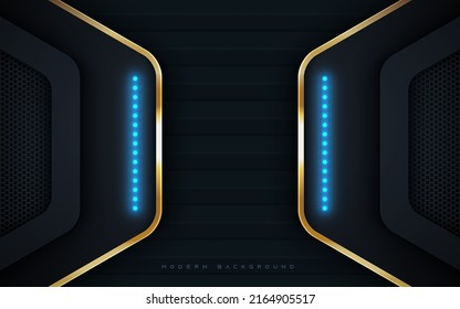 Technologie-Konzept Hintergrund, schwarze Dimension Schichten mit goldener Linie und blauem Licht