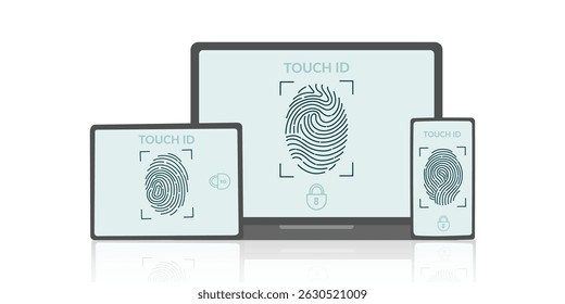 Technology concept banner. Set of gadgets with touch id. Fingerprint scanning system. Biometric authentication. Vector hand drawn clipart.