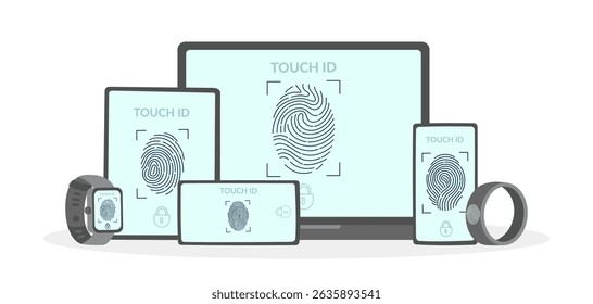 Technology concept banner. Set of gadgets with touch id on the screen. Fingerprint scanning system. Biometric authentication. Vector hand drawn cliparts.