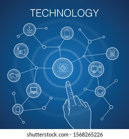 Technology concept, blue background. smart home, photo camera, tablet computer, smartphone icons
