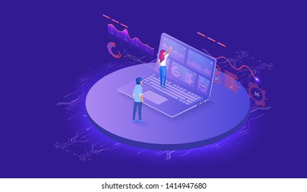Technology concept. Build a chart and graphs. Application of laptop with business graph and analytics data on isometric laptop. Modern infographic vector template with statistics graphs and finance. 