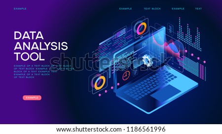 Technology concept. Build a chart and graphs. Concept of the idea of innovative data analysis. Page template. 3d isometric illustration