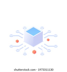 Technology concept. Cube with holographic light, technological lines, abstract tech. Vector illustration in isometric style. Isolated on white background