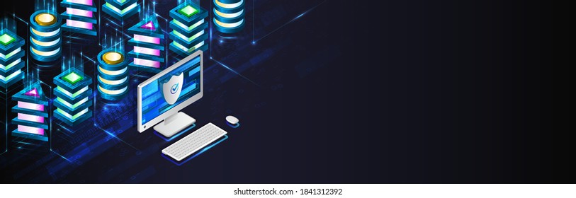 Technology concept for data center with server or hosting. Binary code structure. Big data stream. Abstract Isometric information warehouse. Creative Web hosting banner.