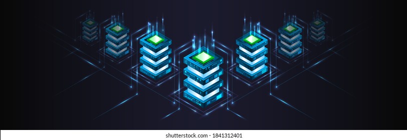 Technology Concept For Data Center With Server Or Hosting. Binary Code Structure. Big Data Stream. Abstract Isometric Information Warehouse. Creative Web Hosting Banner.