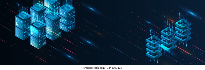 Technology concept for data center with server or hosting. Binary code structure. Big data stream. Abstract Isometric information warehouse. Creative Web hosting banner. 3D