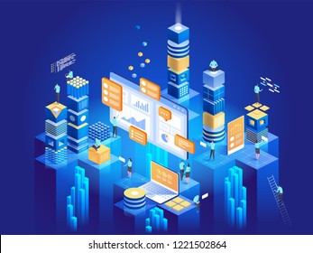 Technology concept of digital marketing and app development. People interacting with charts and analysing statistics. Data visualisation. 3d isometric vector illustration.