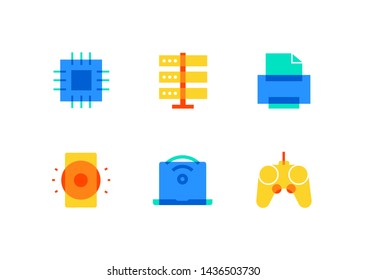 Technology concept - flat design style icons set. High quality colorful images of a chip, server, printer, speaker, laptop with wi-fi symbol, joystick