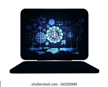 Technology concept globe city world map network telecoms connect future with laptop design background vector