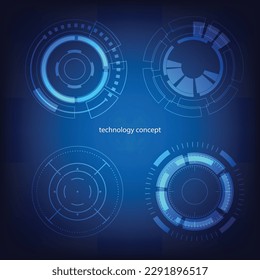 Technologiekonzept. HUD Circle User Interface auf blauem Hintergrund. Kreiselemente für Daten-Infografiken. Satz von sciFi modernen Benutzeroberflächen-Elementen.