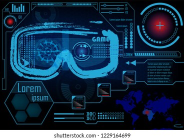 Technology Concept With Hud, Gui Design Elements. Head-up Display Monitor. Futuristic User Interface. Infographic Menu Ui For Vr. VR goggles. Hologram headset. Game glasses. Vector Illustration