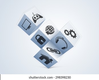 Technology concept with illustration of different web icons on 3D cubes. 