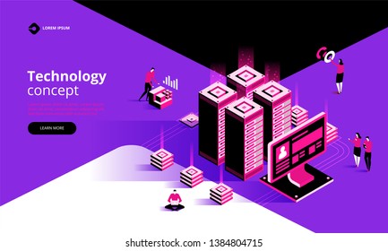 Technology concept. Internet datacenter connection, administrator of web hosting. Tech repair center hardware software database for safe server. Flat isometric vector illustration