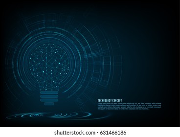 Technology concept. Light bulb polygonal  shape of an artificial intelligence with lines and glowing dots and shadow over the dark blue background. 