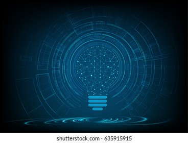 Technology concept. Light bulb polygonal  shape of an artificial intelligence with lines and glowing dots and shadow over the dark blue background. 