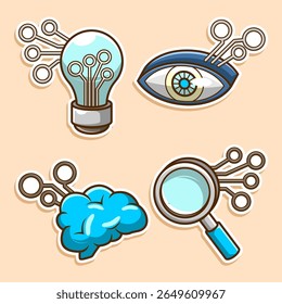 Conceito de tecnologia Lâmpada, Olho, Cérebro e Lupa com Circuitos