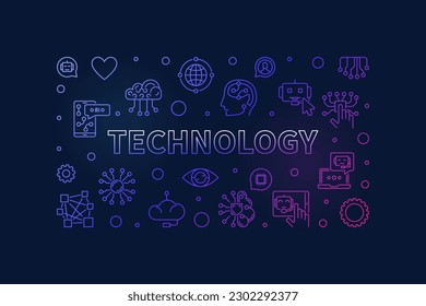 Technology concept line colored banner. AI and ML Tech vector horizontal illustration on dark background