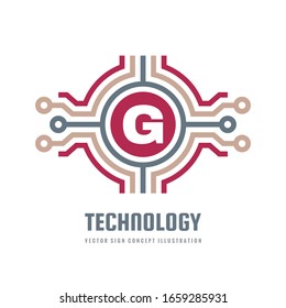 Elemento de diseño de plantilla de logotipo de concepto de tecnología. Símbolo de comunicación de red de equipo electrónico. Signo de letra G. Ilustración vectorial. 