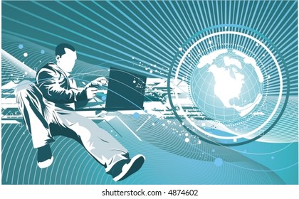 IT technology concept  man with laptop & earth globe,futuristic background,vector illustration