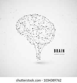 Technology concept, particles and lines. Polygonal brain shape of an artificial intelligence with lines and  dots. Vector illustration