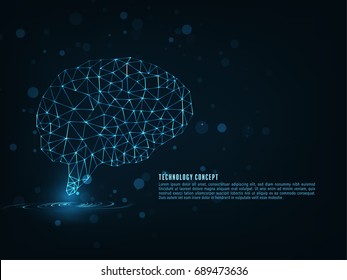 Technology concept. Polygonal brain shape of an artificial intelligence with lines and glowing dots and shadow over the dark blue background. 