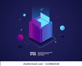 Technology concept of program development and application programming, blockchain technology, virtual server room, hardware equipment install and setting neon light, isometric vector illustration